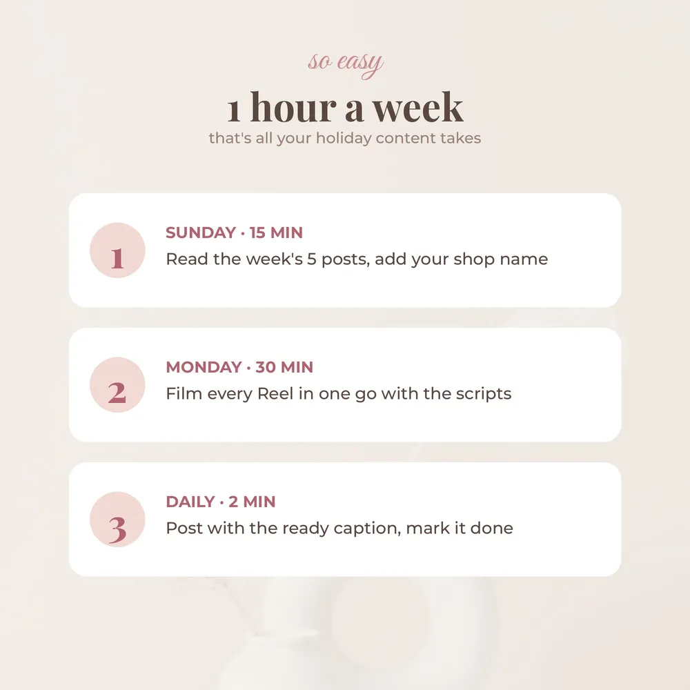 Boutique Holiday Content Kit: 1 hour a week